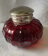 Antique Style ruby red glass inkwell with white metal top