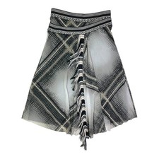 Fuzzi Size M Pull-On A-Line Skirt Mesh Plaid Print Fringe Grey