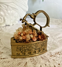 Small Decorative Vintage Brass Victorian Style Flat Iron With Dried Flowers
