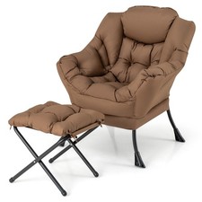 COSTWAY Modern Leisure Reading Chair Lounge Chair Lazy Chair w/ Ottoman-Brown