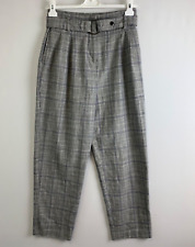 TOPSHOP TROUSERS 10 GREY Tartan Belt Pleated High Rise Pegged Tapered Leg short