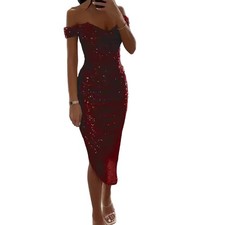 Women Prom Dress Sequined Evening Gown Off Shoulder V Neck Party Style