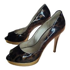 Moda In Pelle Leopard Print, Peep Toe Stiletto Shoes Gold Mirrored Edging. UK 7
