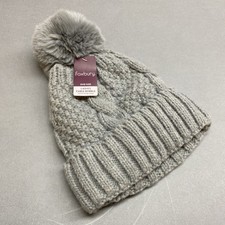 Ladies Cable Knit Fleece Lined Bobble Hat In Soft Grey - Brand New With Labels