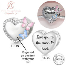 Love You To The Moon Charm Genuine 925 Sterling Silver Engraved - Butterfly