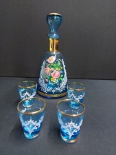 Vintage Bohemian Blue Glass, Flower Decorated Decanter and Four Glasses