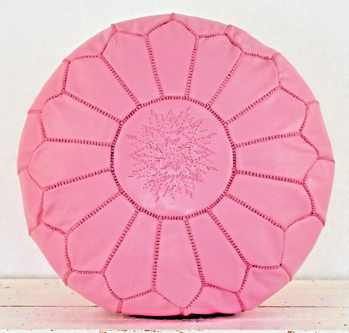 Moroccan pink leather pouffe - moroccan,