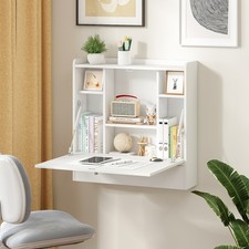 Wall-mounted Drop-leaf Table Folding Floating Laptop Desk w/Open Storage Shelves