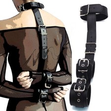 PU Leather Bondage Back Handcuffs Restraints Arms Collar Fix Neck BDSM Fetish UK