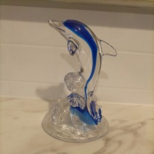 Art Glass Blue Dolphin Figure Murano Style 6.5 inch tall