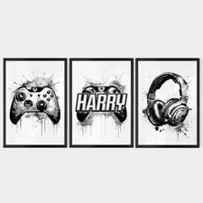 Set of 3 Personalised Gaming Prints, Boys Bedroom Games Room Xbox Black Wall Art
