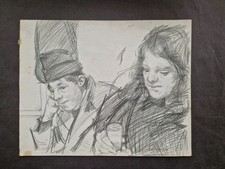 Robert Lenkiewicz Original Pencil Drawing - Portrait of two people in a pub