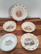 4  BUNNYKINS BOWLS & 1 CHRISTENING PLATE Royal Doulton & Wedgwood  VGC