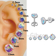 925 Sterling Silver Aurora Borealis Stud Earrings Round One Pair Fast Shipping