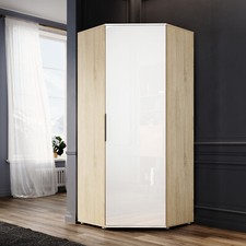 Corner Wardrobe White&Oak Gloss with 2 Hanging Rails & Shelves Bedroom Storage