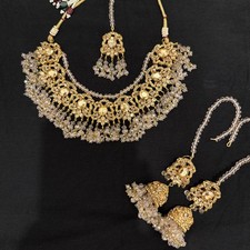 Asian Pakistani Indian Jewellery Kundan Necklace, Earrings, Tikka Set Gold