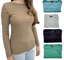 Ladies Marks Ribbed Boat Neck Top Cotton Slash Neck Brown Black Long Sleeved NEW