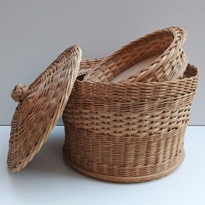 Vintage Large Wicker Sewing Basket Storage Round Lidded 