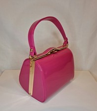 Fuschia Hot Pink Patent Classic Top Handle Embellished Evening Clutch Bag
