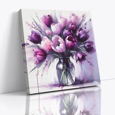 Vase Purple Tulips Floral Painting Canvas Print Square Wall Art Picture