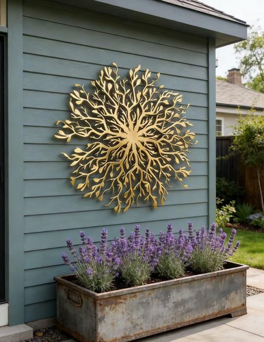 Golden metal flower wall art - golden,