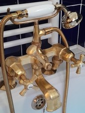  ORIGINAL ANTIQUE SOLID BARE BRASS BATH SHOWER MIXER TAPS   FULLY REFURBISHED 