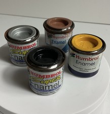 4 Tins Of Humbrol Enamel Model Gloss Paint, Yellow, Silver, Tan And Black