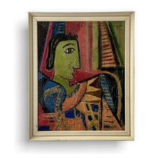 Vintage French Oil Painting on Canvas, Cubist, Abstract, Figurative, Mid Century