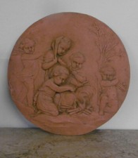 TERRACOTTA MEDALLION PAINTING DECOR ANGELS AROUND THE FIRE LARGE MODEL 19TH C...