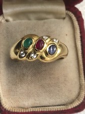 Antiq 18ct Gold Double Snake Head Ring Diamonds Emerald Ruby Sapphire Sz R, R402