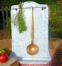 French enamel utensil holder wall hanging rack + brass ladle Vintage