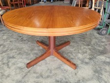 Vintage 20thC round teak pedestal dining table + 4 dining Chairs