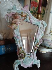 orig. miniature Victorian antique cherub mirror small harp shape floral china