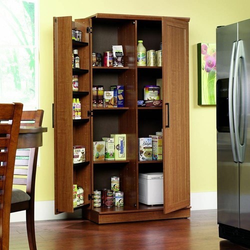 Oak finish pantry storage - pantry,