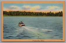 Prudenville Michigan Generic Landscape Speedboat c1940s Linen Postcard