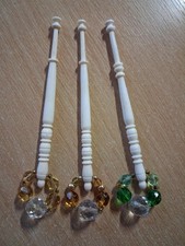 Set of 3 Vintage Lace Making Bobbins BONE beautifully turned + spangles #16