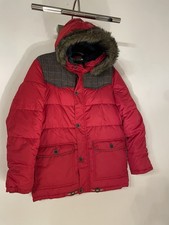 Boys Red Ted Baker Coat Age 14 Years With Tweed Lapels And Fur Hood.