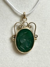 ANTIQUE 14K SOLID GOLD INTAGLIO CARVED Roman green agate? PENDANT,WATCH FOB