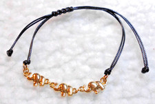 Adjustable Black cord bracelet, 3 gold Elephants.   6" - 9" (2A2)