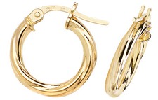 9CT GOLD TWISTED HOOP EARRINGS - 15MM DIAMETER - SOLID 9CT GOLD