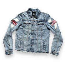 BNWT Embroidered Denim Jacket Mens S Kings Will Dream Flag Logo Stonewashed Blue