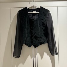 Charlotte Halton Vintage Button-Up Blouse – Black, Sheer Sleeves, Size 12