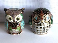 Cloisonne enamel metal set of 2 Owl figures decorative small