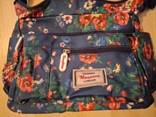 Navy Blue With Red Floral Print Medium Size Handbag With Canvas Strap