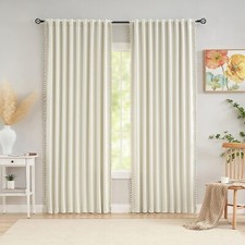 Ivory Blackout Curtains Cute Pom-Pom Trimming Drapes for Girls Kids Room 54 inch