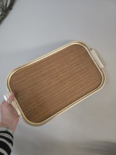 Vintage Metal Serving Tray With Handles Gold 1960s Retro Faux Teak Wood