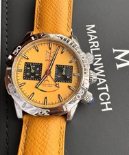 MENS DIVER WATCH Mechanical Yellow REAL Leather Strap Chronograph MARLINWATCH