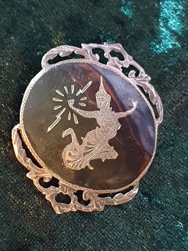 Vintage silver niello brooch - silver,
