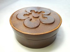 Circular Welsh Leather Trinket Box with decorated lid.