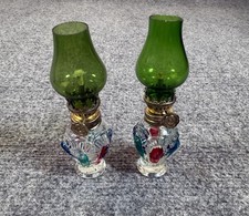 Vintage Glass Mini Oil Lamps Pair Brass Burner Multicolor Accent Home Decor Set